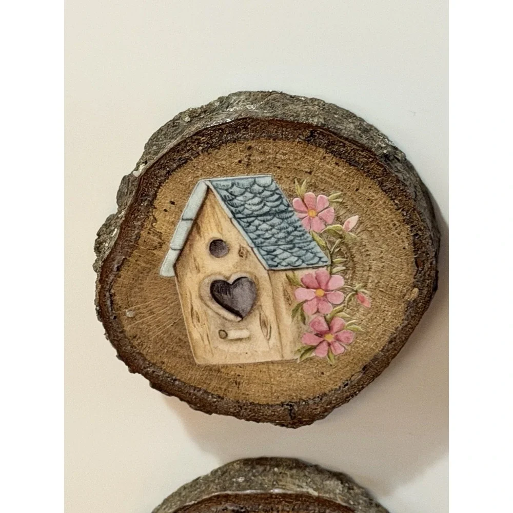 Set Of 4 Natural Oak Wood Bark Bird Magnets